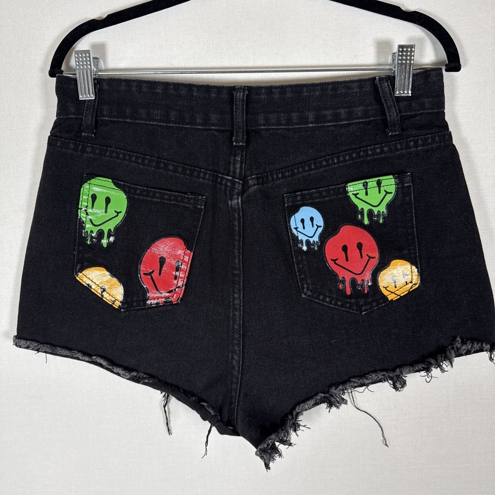 Distressed Black Cut Off Shorts Drippy Happy Faces Graffiti